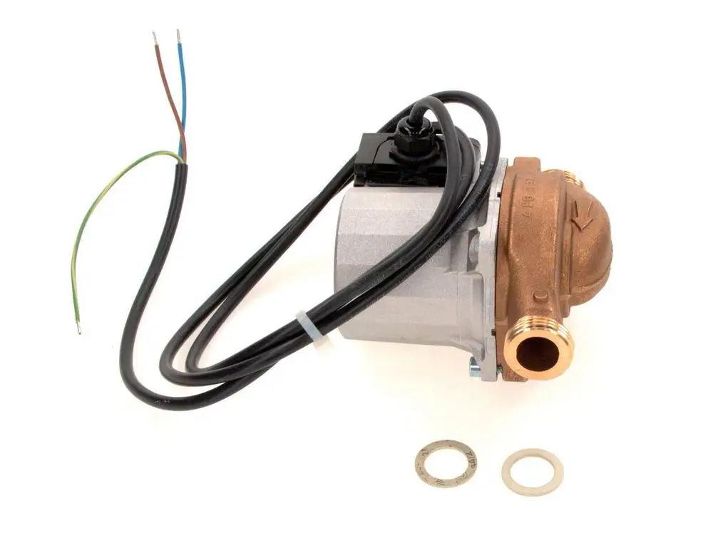 Bosch Wasserpumpe mit Motor, drei Anschlussdrähten und zwei Dichtungen. Gehäuse aus Metall und Kunststoff.